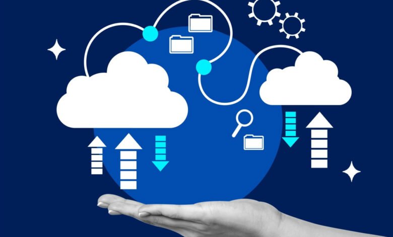 Illustration of cloud computing with data transfer icons and a hand supporting the concept.