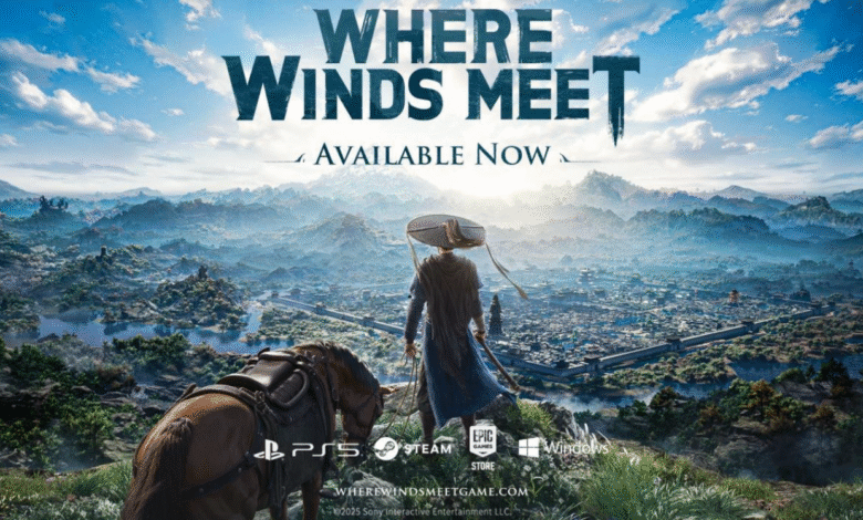 A lone warrior with a horse overlooks a vast ancient city nestled in a mountainous landscape.