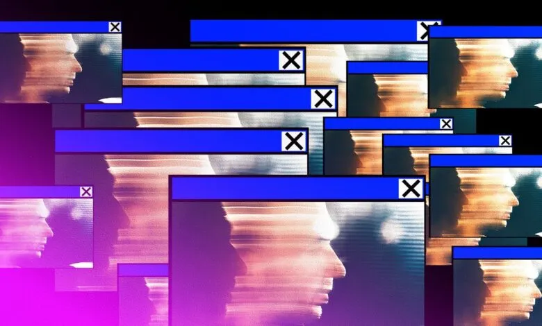Multiple glitchy profile images of a person's face within digital windows.