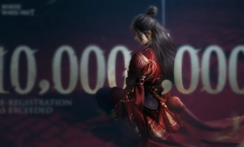 A character in red armor kneels before a large '10,000,000' graphic.