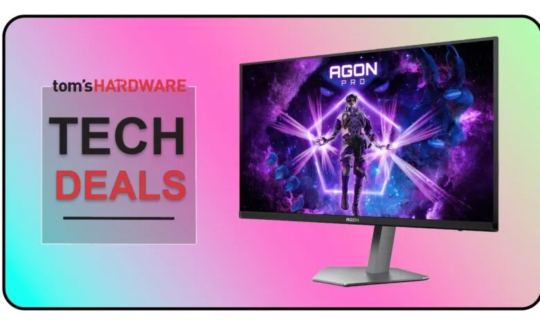 Tom's Hardware Tech Deals graphic next to an AGON Pro gaming monitor displaying a futuristic character.