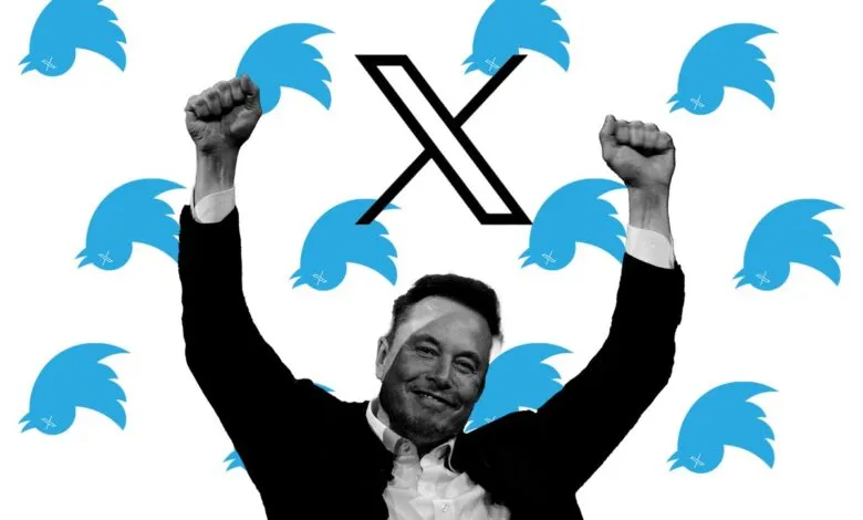 Elon Musk with arms raised, surrounded by stylized Twitter bird logos and the 'X' logo.