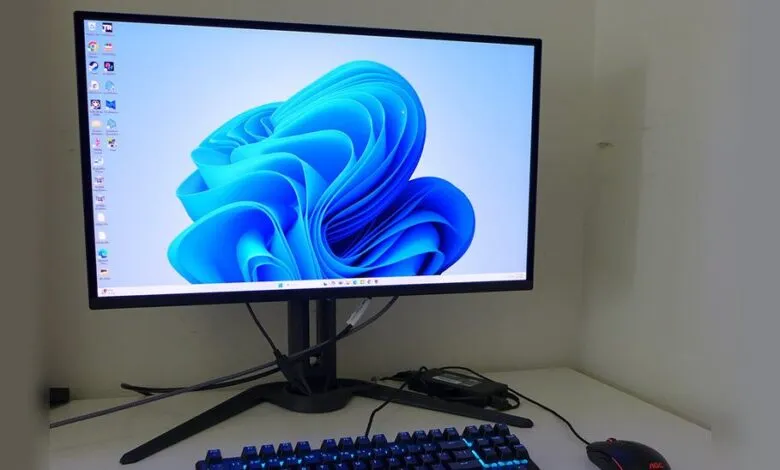A computer monitor displaying the Windows 11 default wallpaper, with a keyboard and mouse in the foreground.