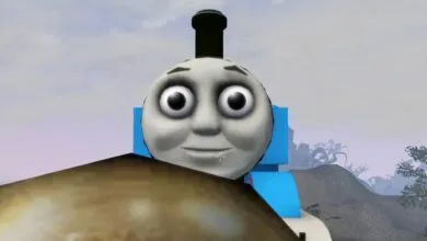 Close-up of Thomas the Tank Engine with a slightly unsettling expression.
