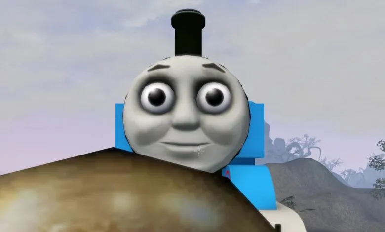 Close-up of Thomas the Tank Engine with a slightly unsettling expression.