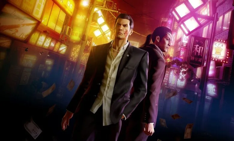 Two men in suits stand in a vibrant, neon-lit Japanese city street at night.