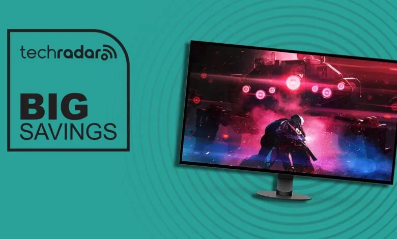 TechRadar logo and 'BIG SAVINGS' text next to a monitor displaying a futuristic battle scene.