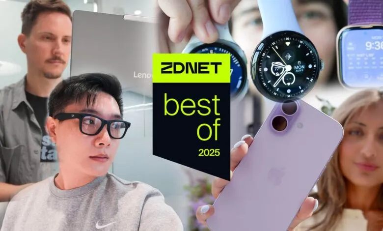 ZDNET Best of 2025 collage featuring tech gadgets and people.