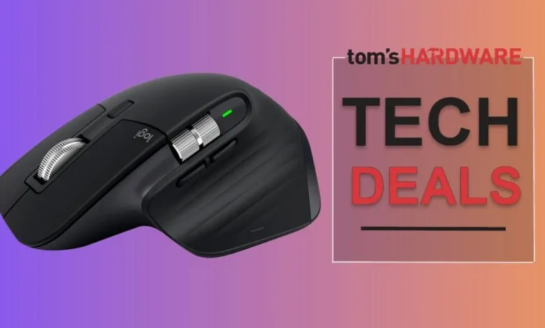 Black Logitech MX Master 3S mouse with a gradient purple and orange background.
