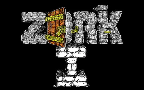 ZORK logo made of stone blocks with a wooden door and lock.