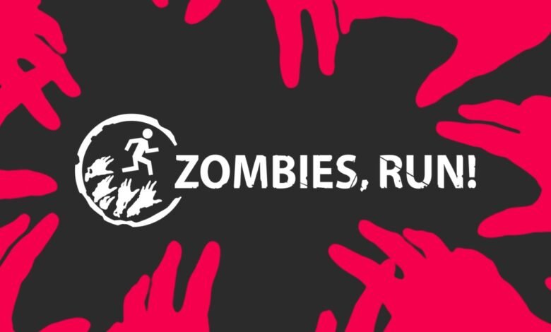 Zombies, Run! logo with hands reaching in on a dark background.
