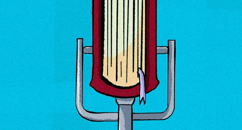 Illustration of a book on a microphone stand against a blue background.