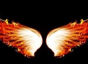 Fiery wings design on a black background, resembling angel wings.