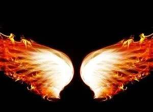 Fiery wings design on a black background, resembling angel wings.