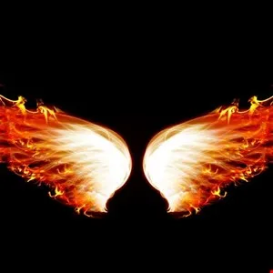 Fiery wings design on a black background, resembling angel wings.