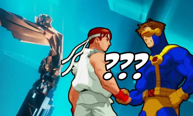 Ryu and Cyclops shake hands next to a game award statue.