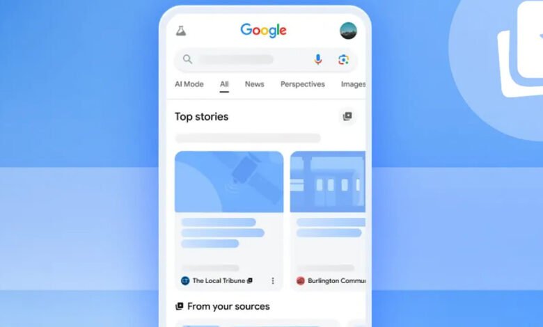 Google app interface on a mobile device showing top stories and news feed.
