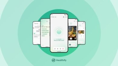 Healthify app interface on multiple phones showing meal tracking and AI assistant.