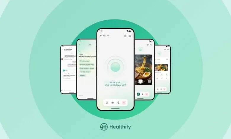 Healthify app interface on multiple phones showing meal tracking and AI assistant.