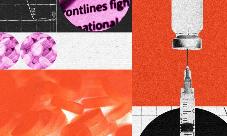 Abstract image of pills, vaccine vial, and syringe against a textured background.