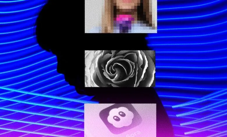 Abstract image with silhouette, rose, and Sora app icon on blue background.