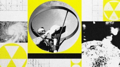 Collage of weather, radiation symbols, and a person with scientific equipment.