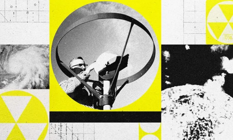 Collage of weather, radiation symbols, and a person with scientific equipment.