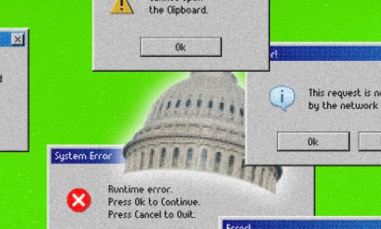 Overlapping error messages with US Capitol building, suggesting cyberattack.