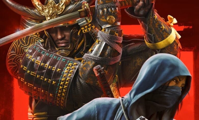 Samurai warrior in ornate armor with sword, alongside a hooded figure.