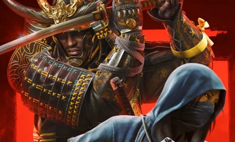 Samurai warrior in ornate armor with sword, alongside a hooded figure.