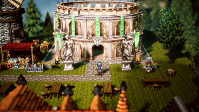 Pixel art town scene with arena, market, and characters.