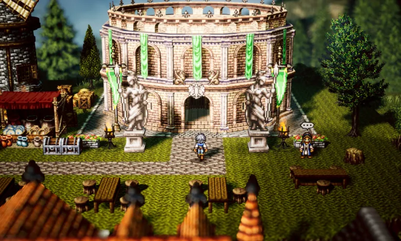 Pixel art town scene with arena, market, and characters.