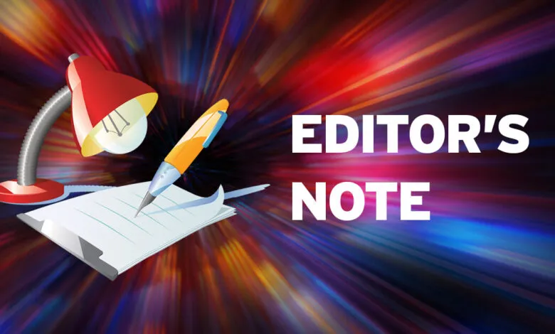 Editor's Note graphic with lamp, pen, and paper on colorful background.