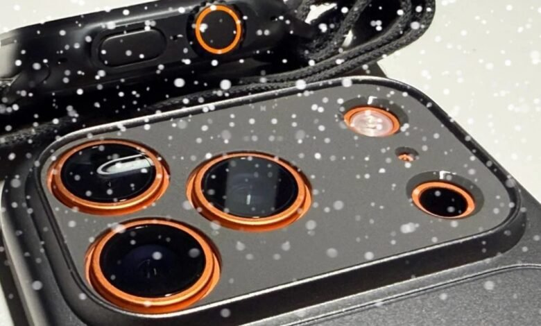 Close-up of a smartphone and smartwatch with a snow effect overlay.