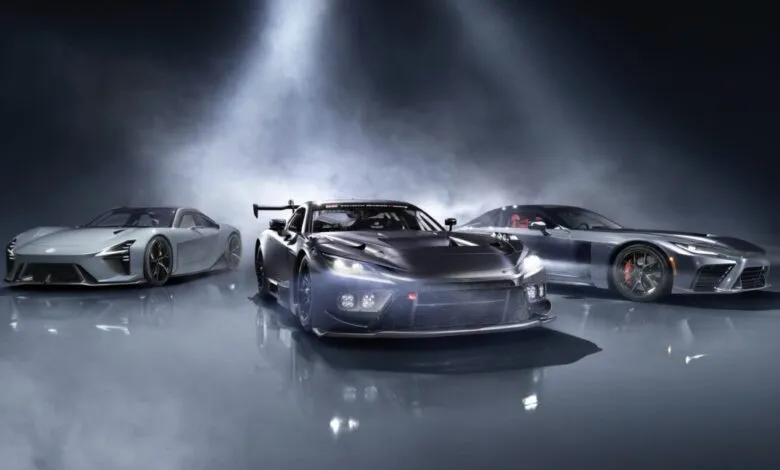 Three sleek concept cars in a studio setting with dramatic lighting and reflections.