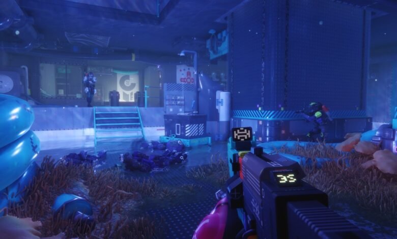 First-person view of a futuristic game environment with two characters.