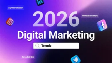 Digital marketing trends for 2026 with social media icons.