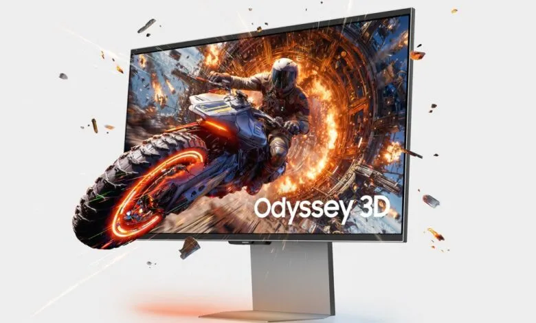 Samsung Odyssey 3D gaming monitor displaying a motorcycle racing game.