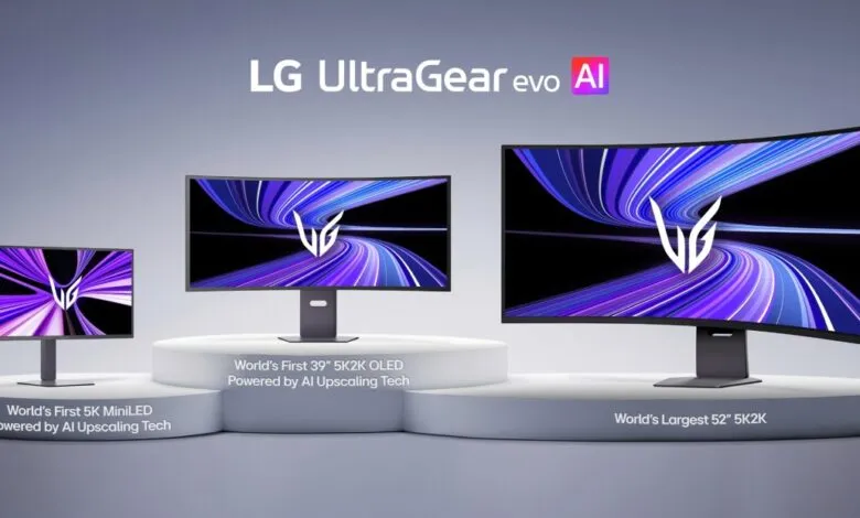 Three LG UltraGear evo AI monitors of varying sizes on display stands.