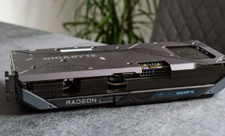 Gigabyte AMD Radeon graphics card with heatsink and cooling system.