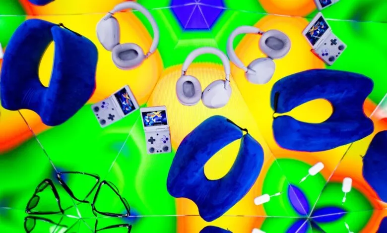 Travel accessories including headphones, neck pillow, and handheld game console on colorful background.