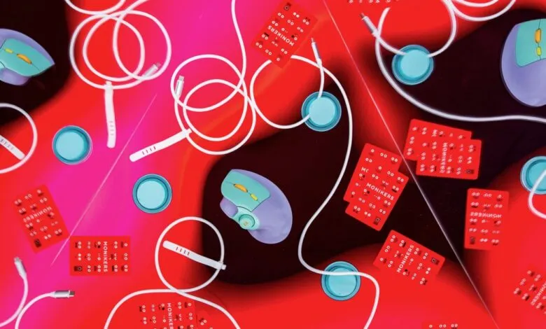 Abstract tech product layout with mice, cables, and circuit boards.