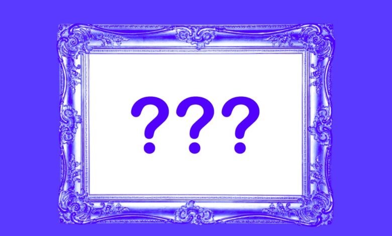 Ornate blue frame with three large blue question marks inside on white background.