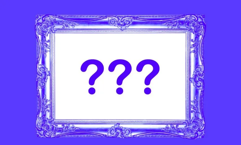 Ornate blue frame with three large blue question marks inside on white background.