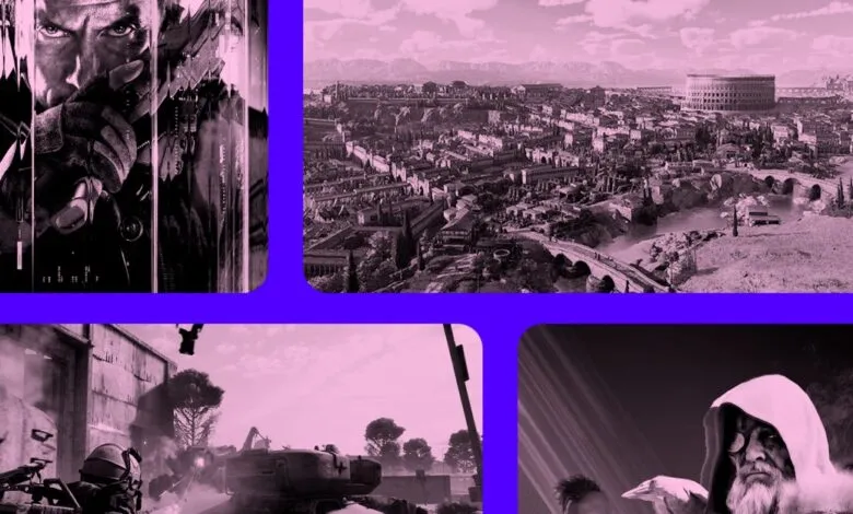 Four gaming scenes: soldier, city, war zone, and fantasy characters.