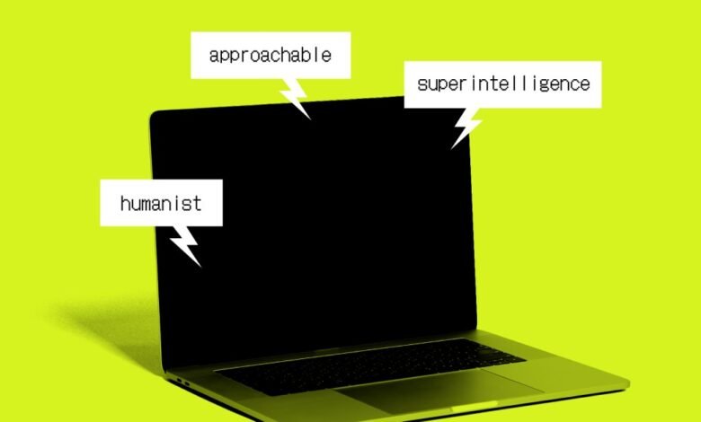 Laptop with speech bubbles displaying 'humanist', 'approachable', and 'superintelligence'.