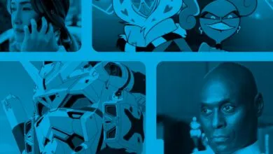 Collage of diverse media: woman on phone, cartoon characters, robot, and Andre Braugher.