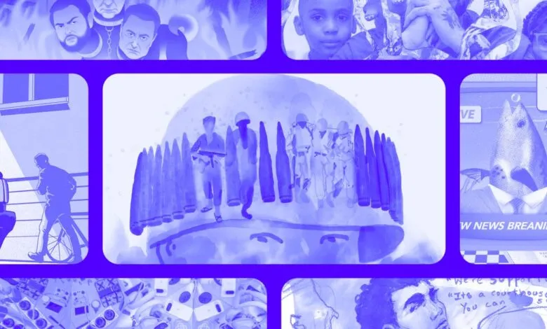 Blue-toned collage featuring diverse scenes and figures in a grid layout.