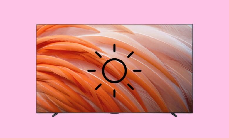 Modern TV displaying bright flamingo feather pattern against a pink background.
