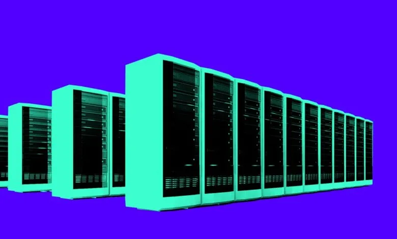 Row of servers in a data center, teal against a vibrant purple background.